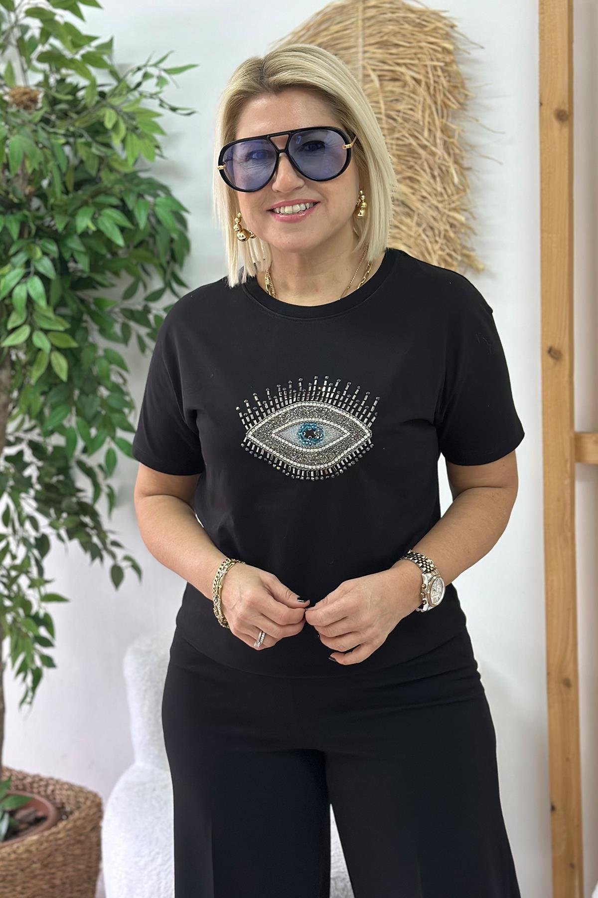 Siyah Bisiklet Yaka Göz Taş İşlemeli TshirtUTS25002052-SIYAH-S