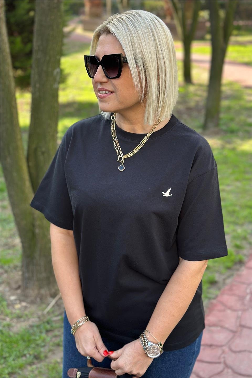 Siyah Bisiklet Yaka Kuş Baskılı TshirtUTS241135-SIYAH-S