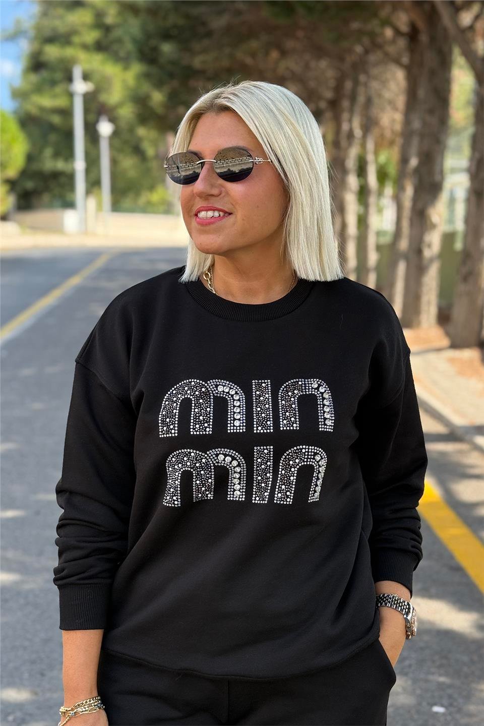 Siyah Bisiklet Yaka Mın Taş İşlemeli SweatUSW0243017-SIYAH-S