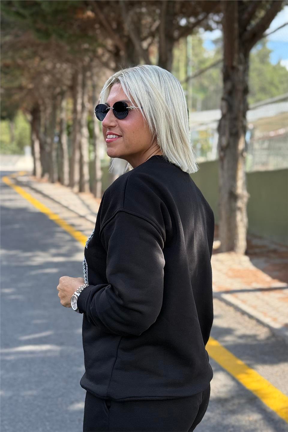 Siyah Bisiklet Yaka Mın Taş İşlemeli SweatUSW0243017-SIYAH-S
