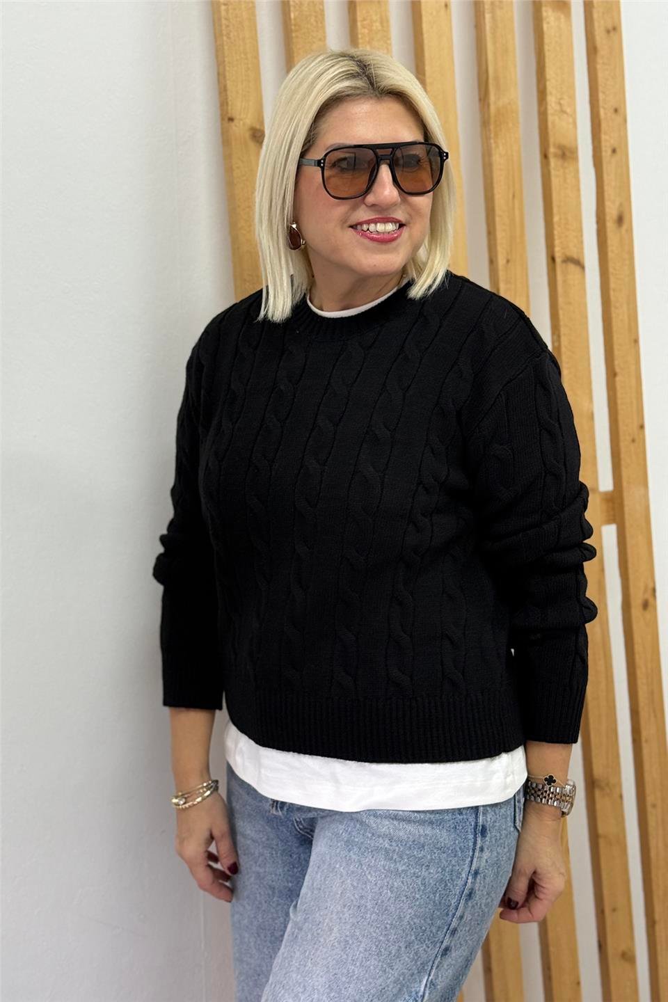 Siyah Bisiklet Yaka Saç Örgülü Basic TrikoUT26001025-SIYAH-STD