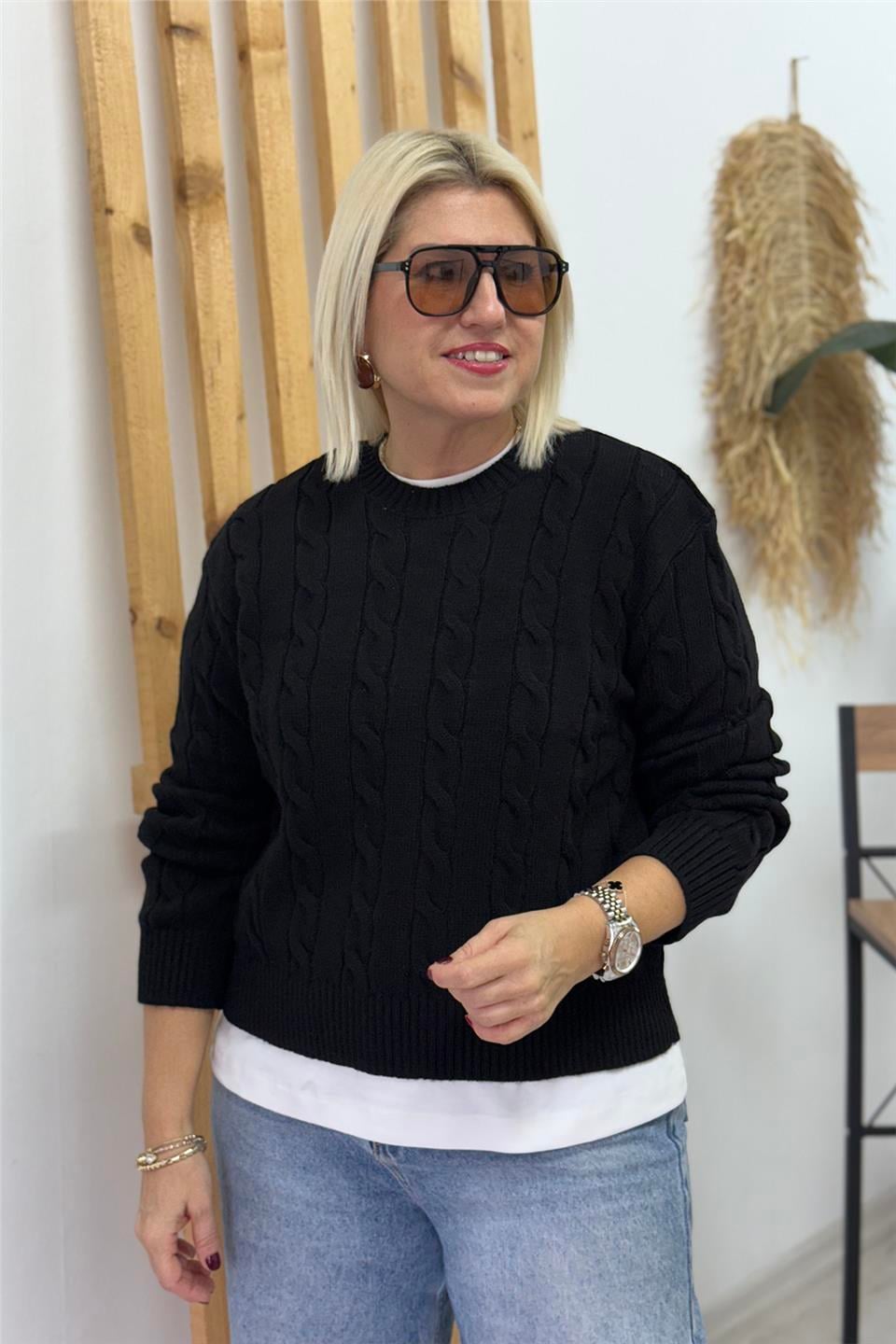 Siyah Bisiklet Yaka Saç Örgülü Basic TrikoUT26001025-SIYAH-STD