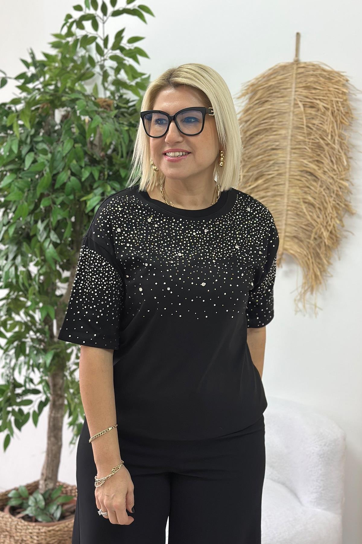 Siyah Bisiklet Yaka Taş Baskılı TshirtUTS25002051-SIYAH-S