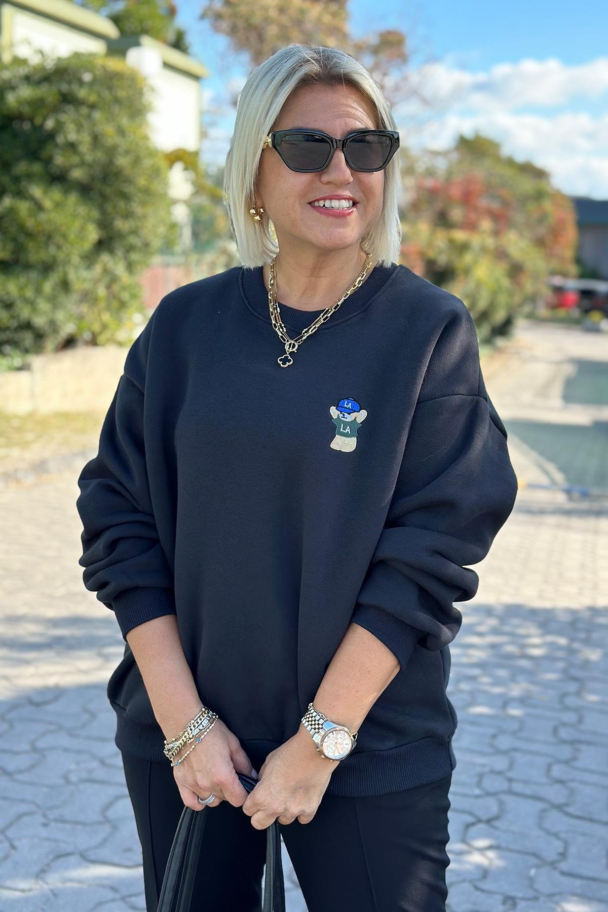 Siyah Bisiklet Yaka Teddy Nakışlı 3 İplik Şardonlu SweatshirtUK2250143-SIYAH-STD