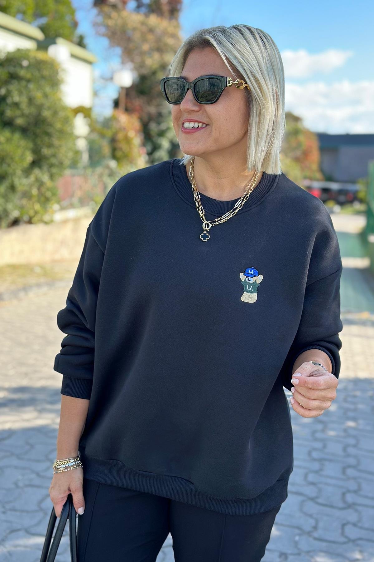 Siyah Bisiklet Yaka Teddy Nakışlı 3 İplik Şardonlu SweatshirtUK2250143-SIYAH-STD