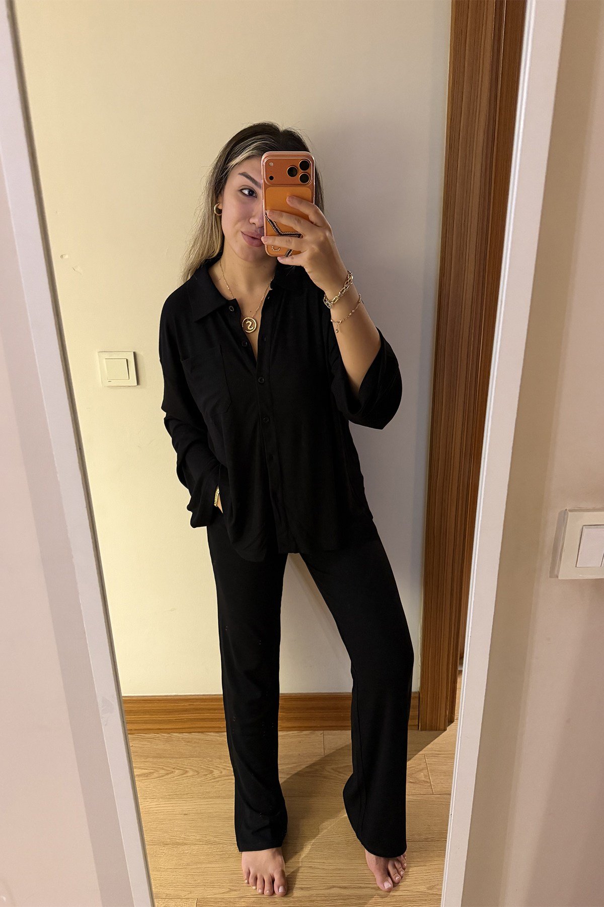 Siyah Bol Paça Fitilli Viskon Pamuk Gömlekli Pijama TakımıUTK25012028-SIYAH-XSS