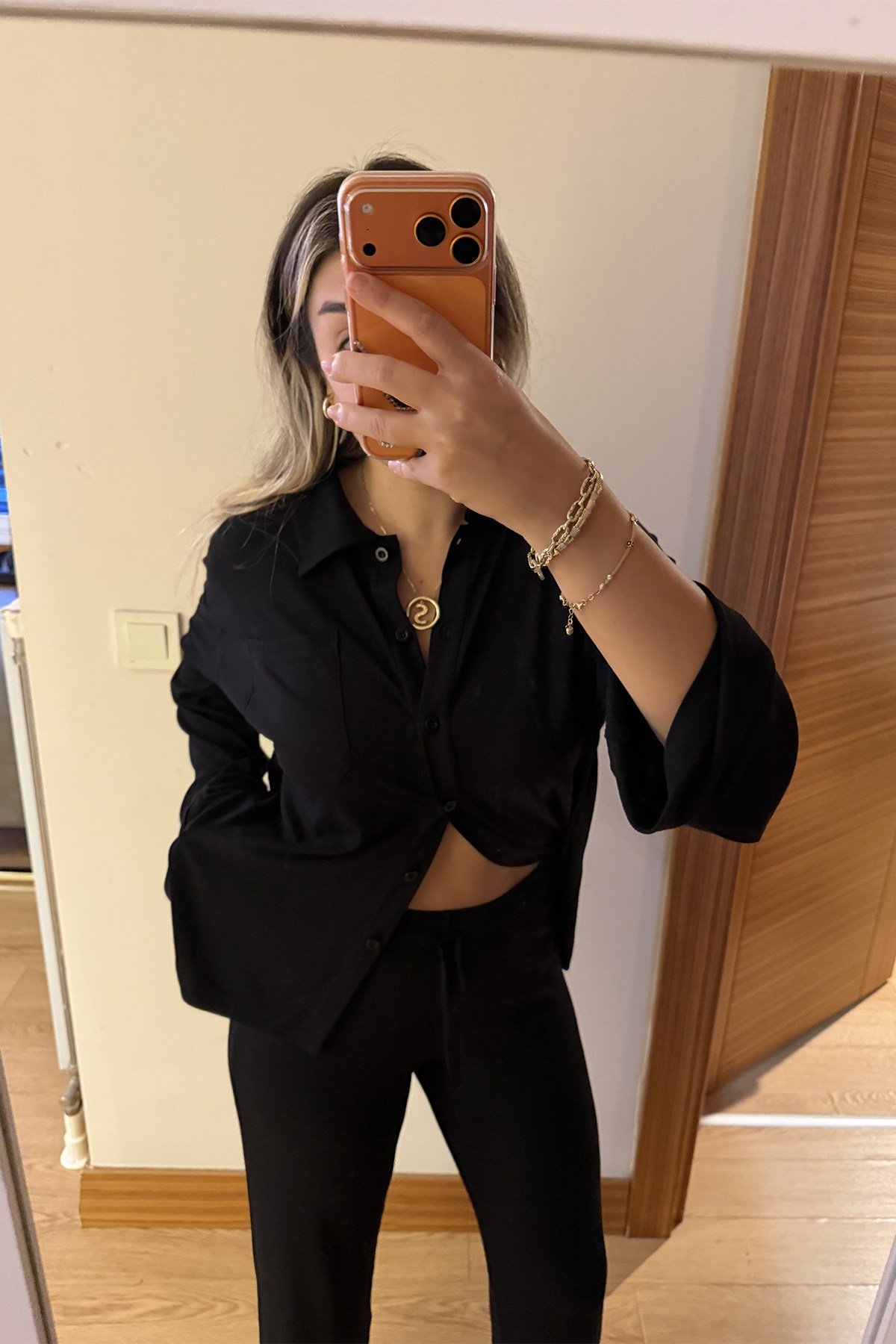 Siyah Bol Paça Fitilli Viskon Pamuk Gömlekli Pijama TakımıUTK25012028-SIYAH-XSS