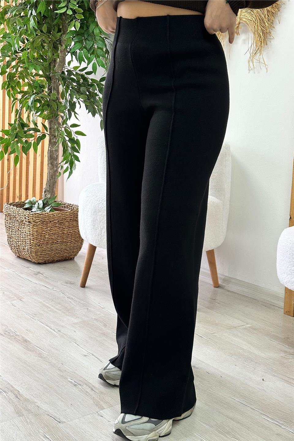 Siyah Bol Paça Önden Dikişli Triko TantolonUK224048112-SIYAH-STD