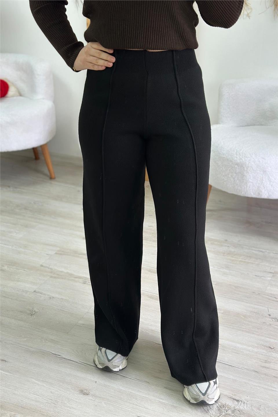Siyah Bol Paça Önden Dikişli Triko TantolonUK224048112-SIYAH-STD