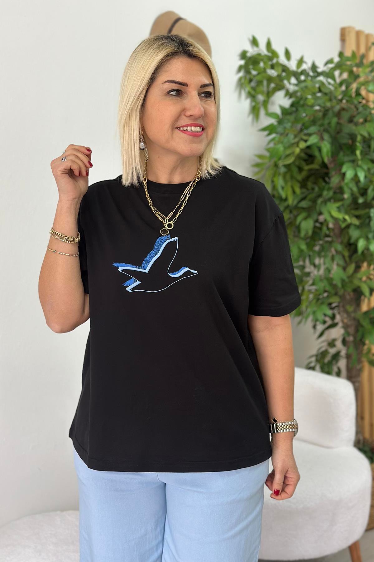 Siyah Çift Renk Kuş Baskılı Cotton TShirtUTS25002061-SIYAH-S