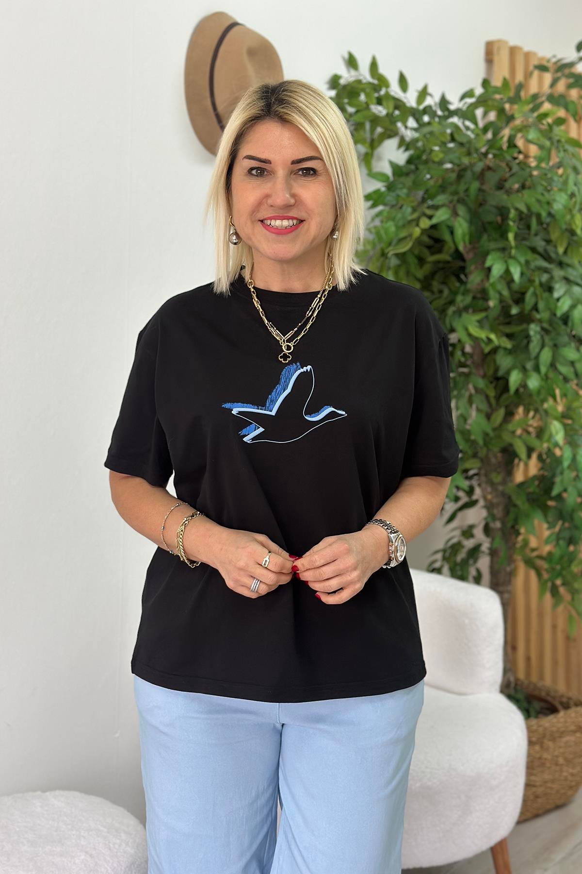 Siyah Çift Renk Kuş Baskılı Cotton TShirtUTS25002061-SIYAH-S