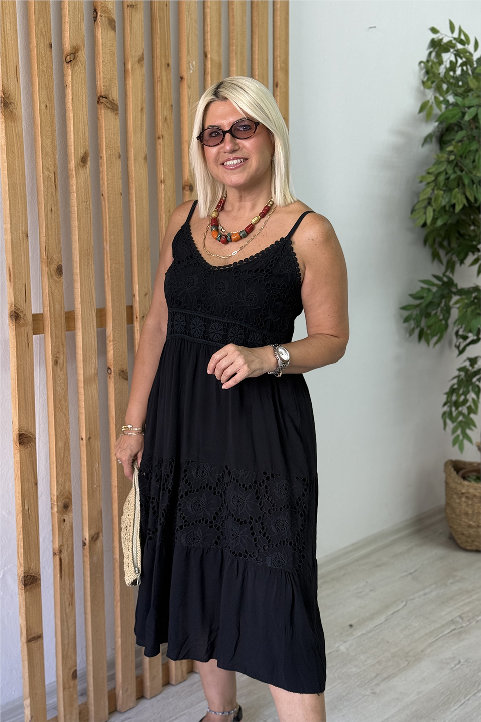 Siyah Dantelli Askılı Pamuk ElbiseELB26001088-SIYAH-STD