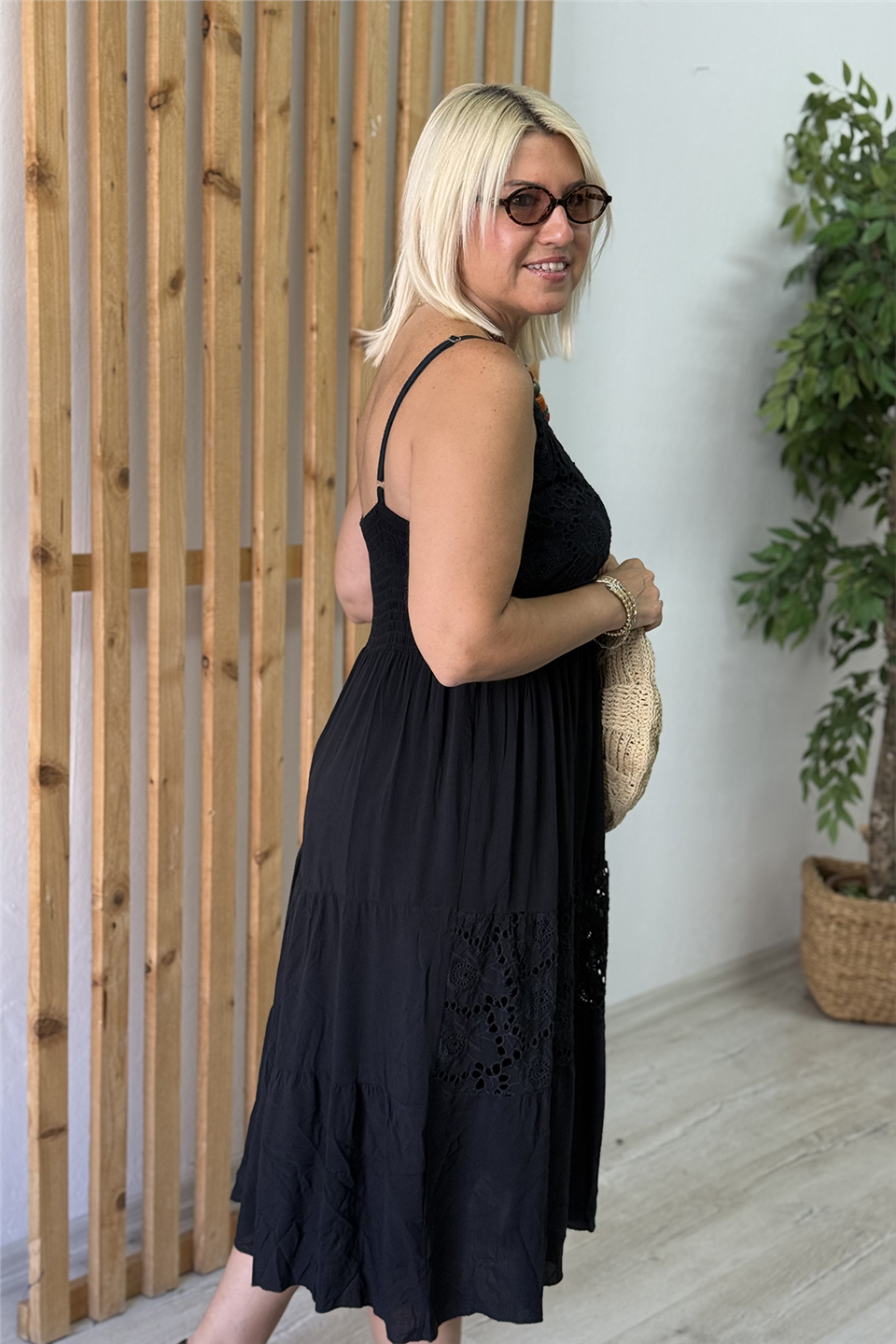 Siyah Dantelli Askılı Pamuk ElbiseELB26001088-SIYAH-STD