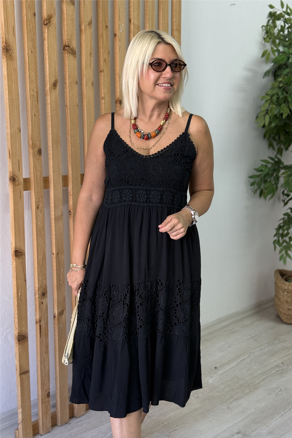 Siyah Dantelli Askılı Pamuk ElbiseELB26001088-SIYAH-STD