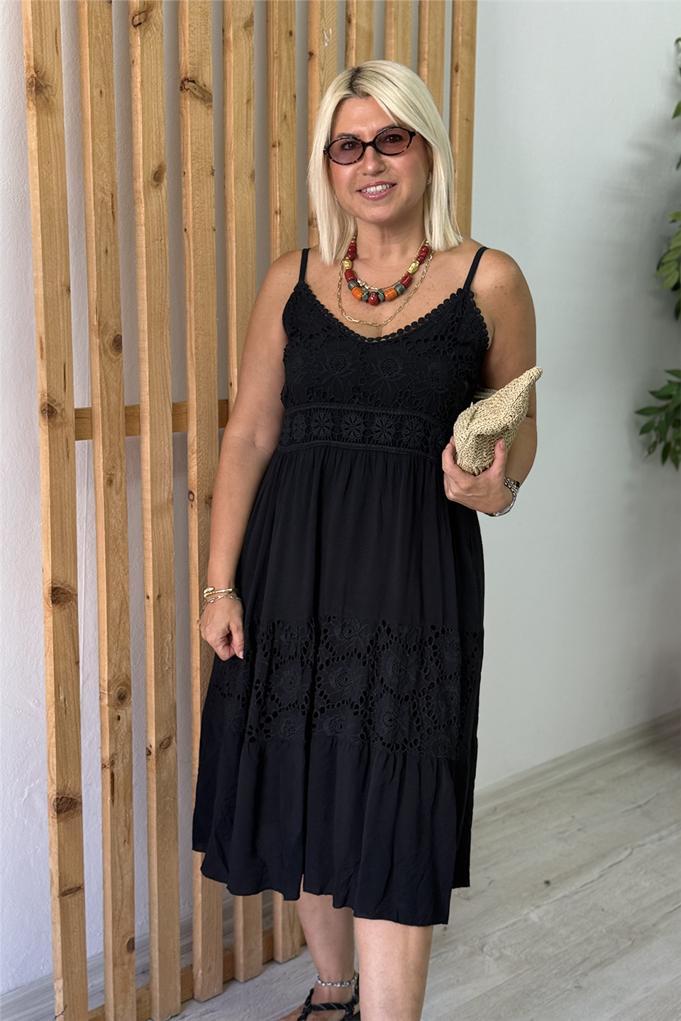 Siyah Dantelli Askılı Pamuk ElbiseELB26001088-SIYAH-STD