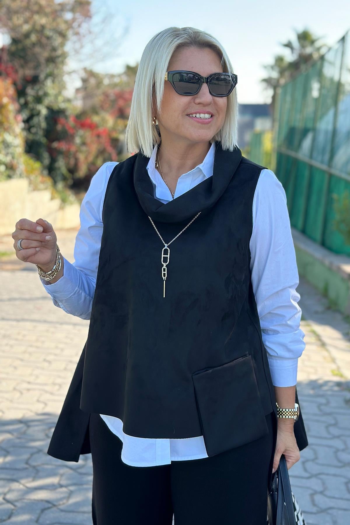 Siyah Degaje Yaka Cepli Süet SüveterDK2230153-SIYAH-STD