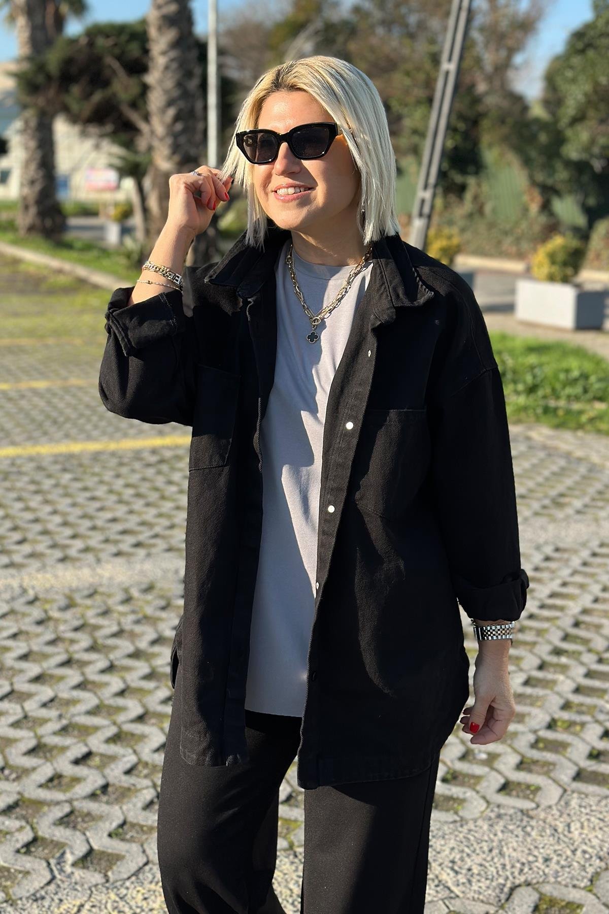 Siyah Düğmeli Kot GömlekUK2240183-SIYAH-42