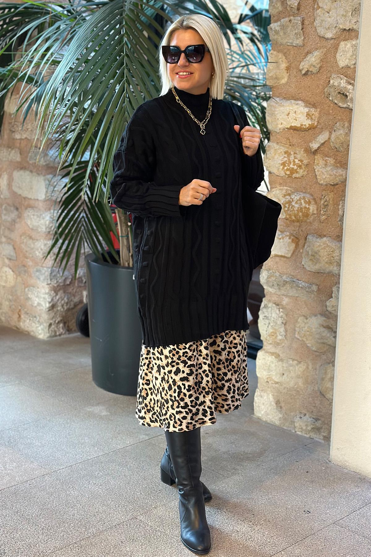 Siyah Eteği Leopar Desenli Triko ElbiseUK2232121312-SIYAH-STD