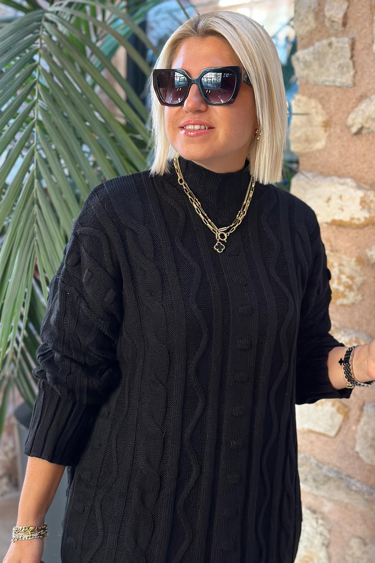 Siyah Eteği Leopar Desenli Triko ElbiseUK2232121312-SIYAH-STD