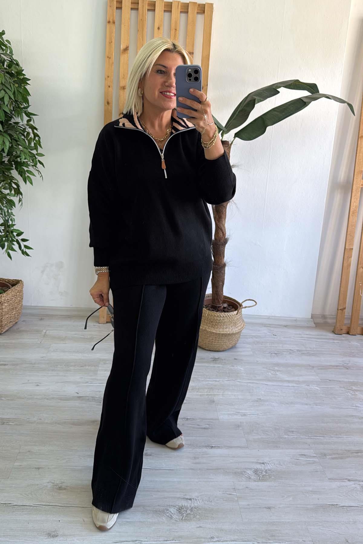 Siyah Fermuarlı Yakası Zebra Desen TrikoUT24110942-SIYAH-STD