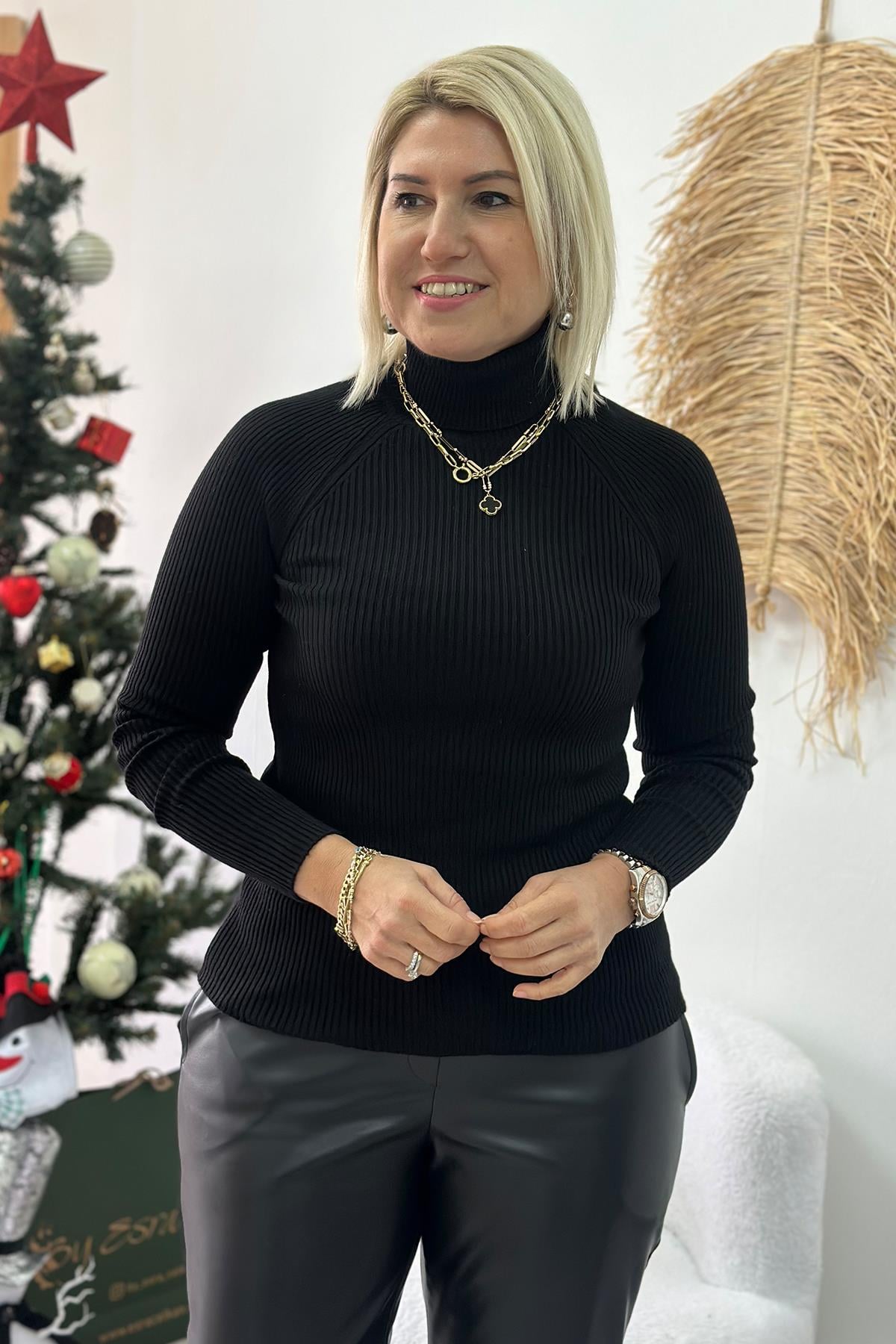 Siyah Fitilli Balıkçı Lycralı Bady Triko UT24110939-SIYAH-STD