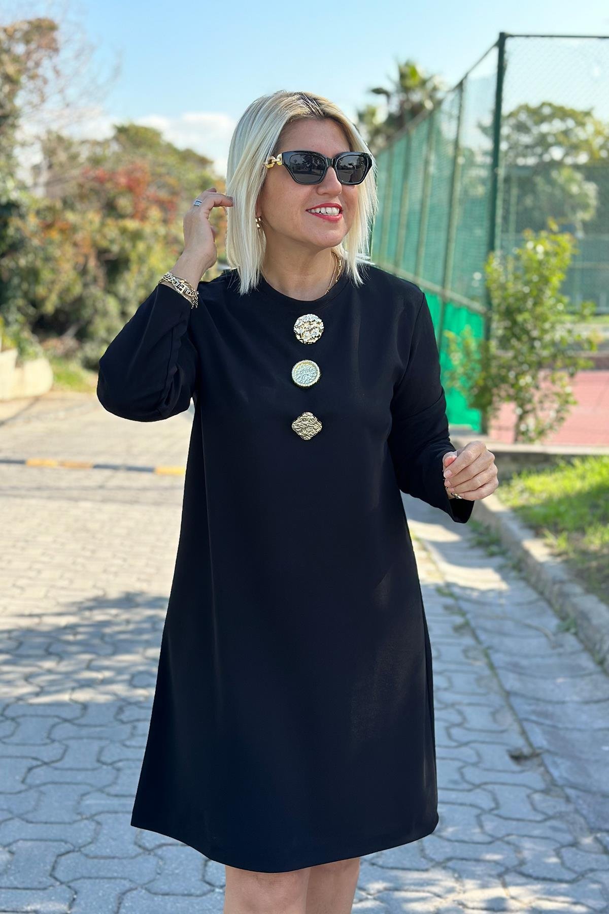 Siyah Gold Düğmeli Krep ElbiseUK2232121310-SIYAH-42