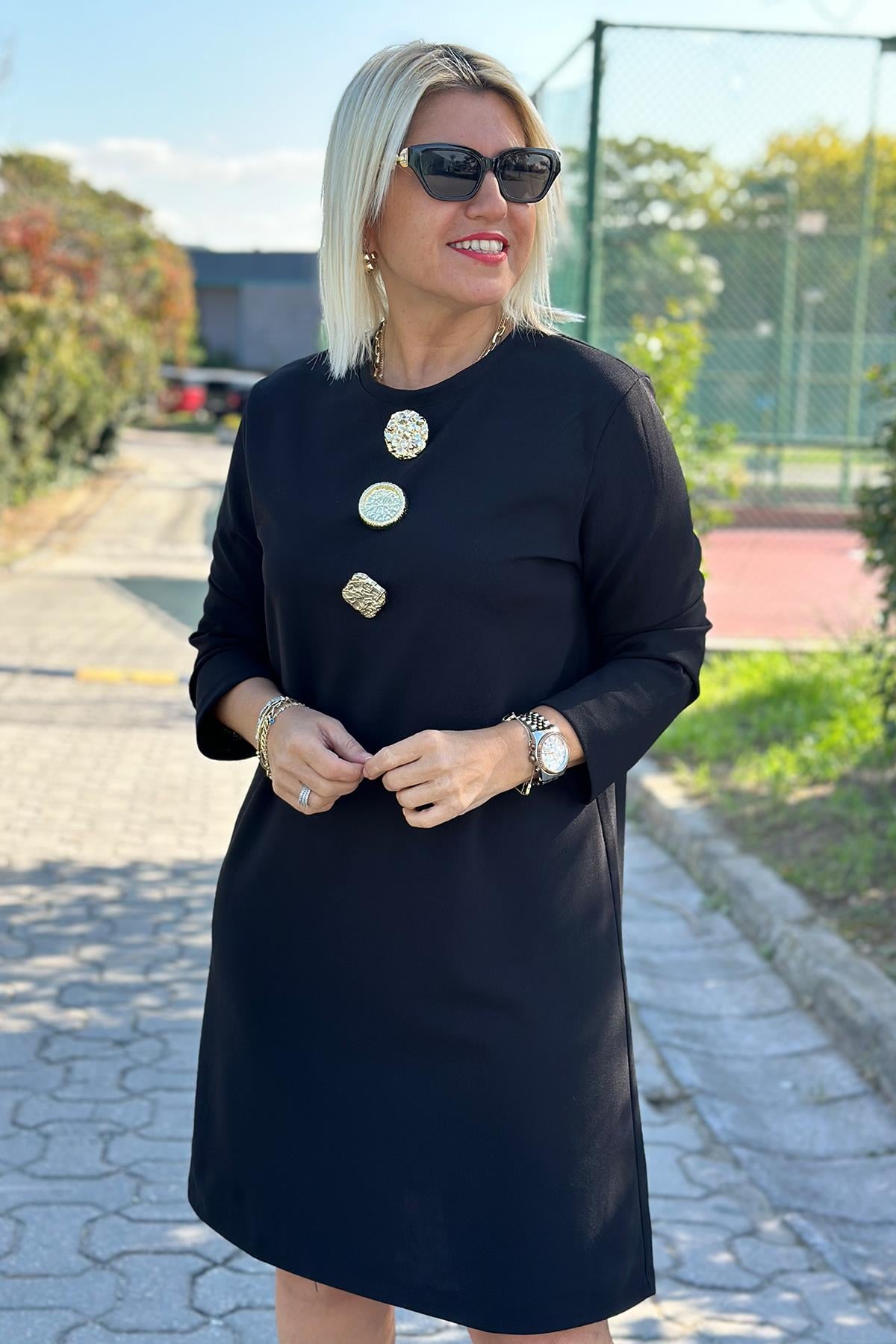 Siyah Gold Düğmeli Krep ElbiseUK2232121310-SIYAH-42