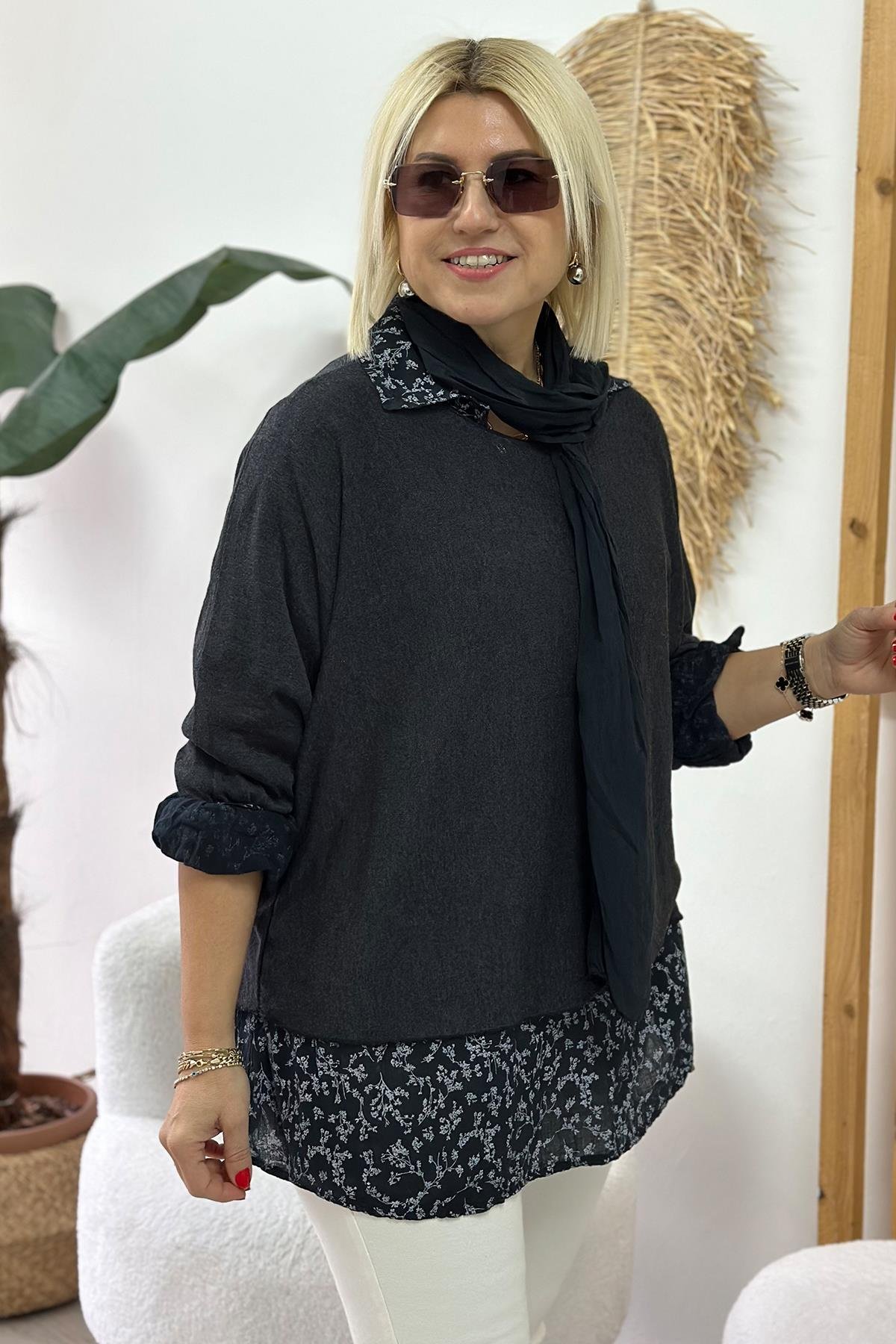 Siyah Gömleği Desenli Cotton BluzUBL2412232-SIYAH-STD