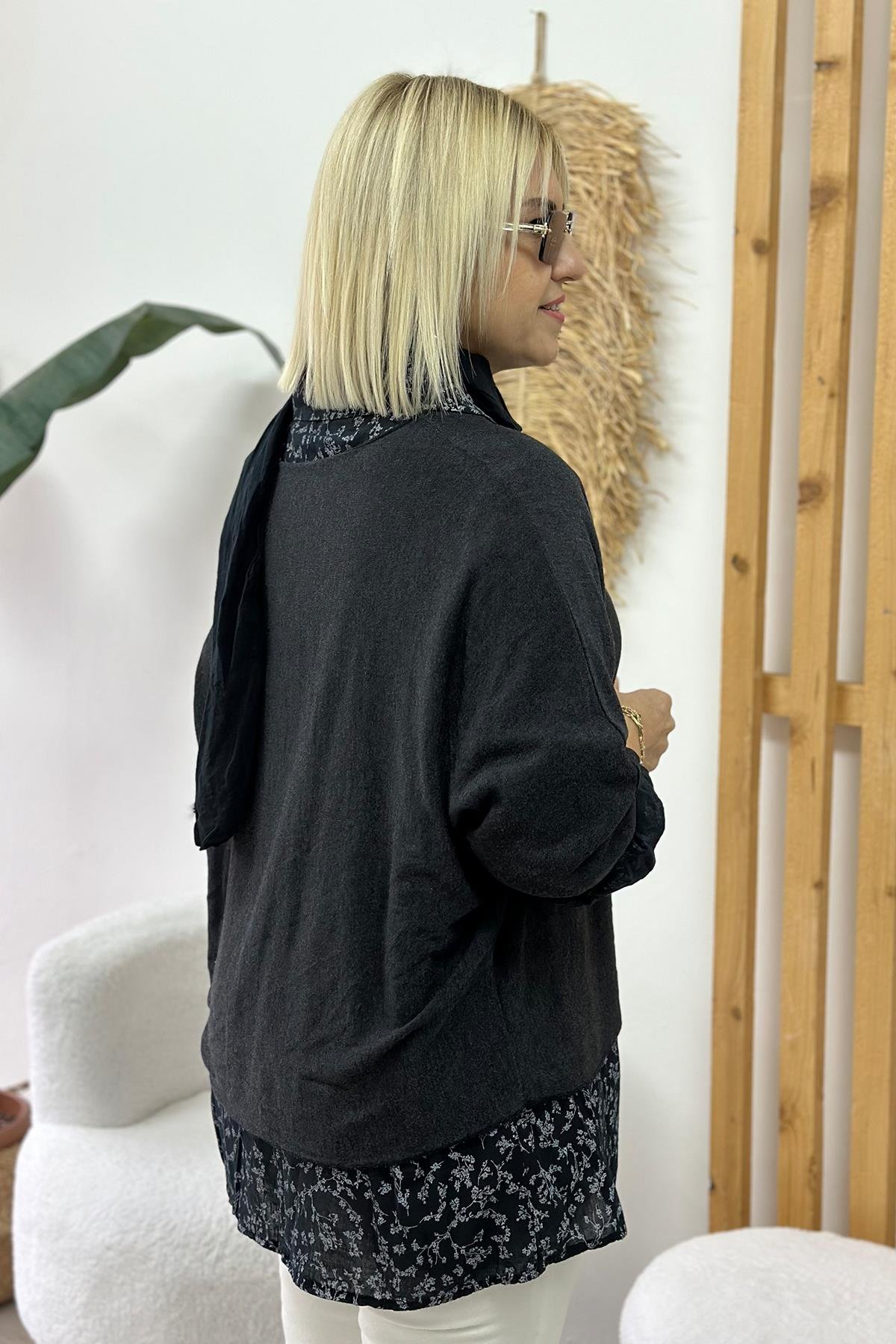 Siyah Gömleği Desenli Cotton BluzUBL2412232-SIYAH-STD