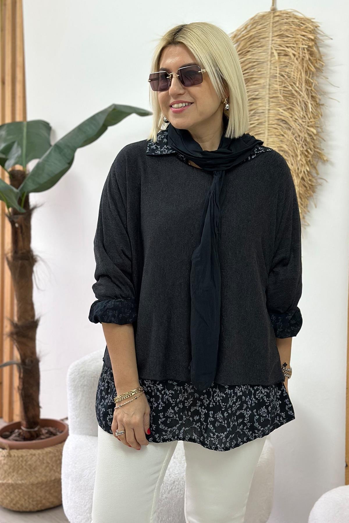 Siyah Gömleği Desenli Cotton BluzUBL2412232-SIYAH-STD
