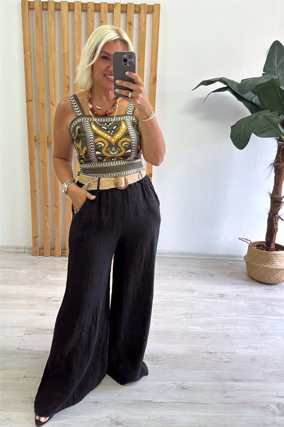 Siyah Hasır Kemerli Bol Paça Keten PantolonAPNT20250987-SIYAH-STD