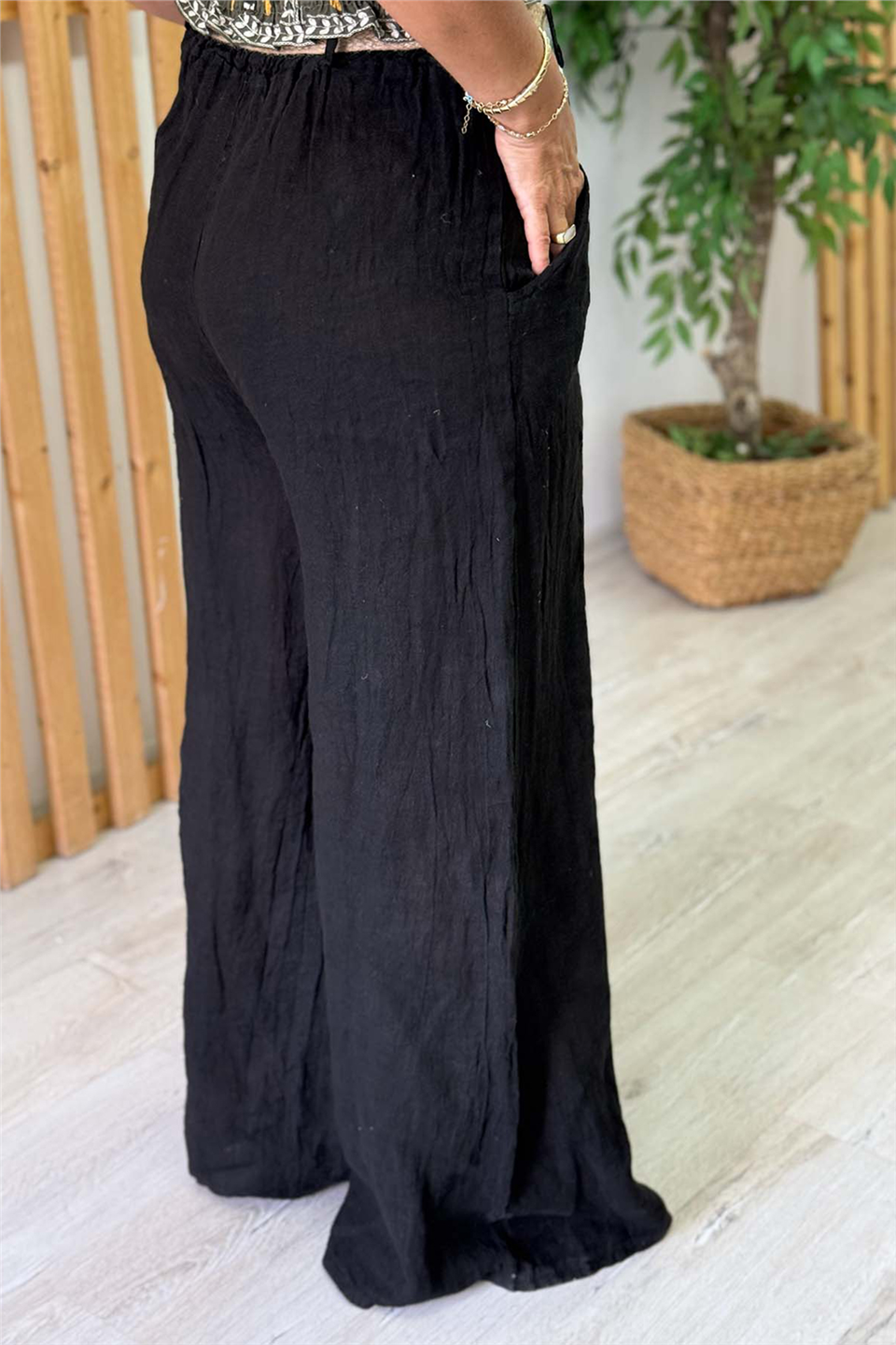Siyah Hasır Kemerli Bol Paça Keten PantolonAPNT20250987-SIYAH-STD