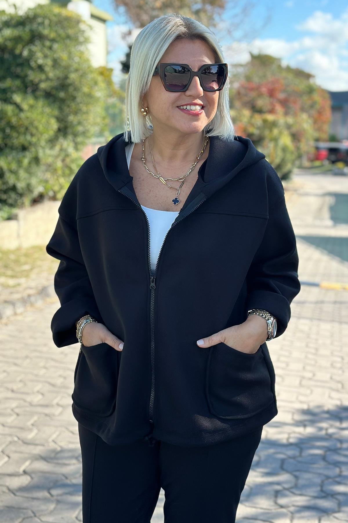 Siyah Kapşonlu Fermuarlı MontDK226028-SIYAH-STD