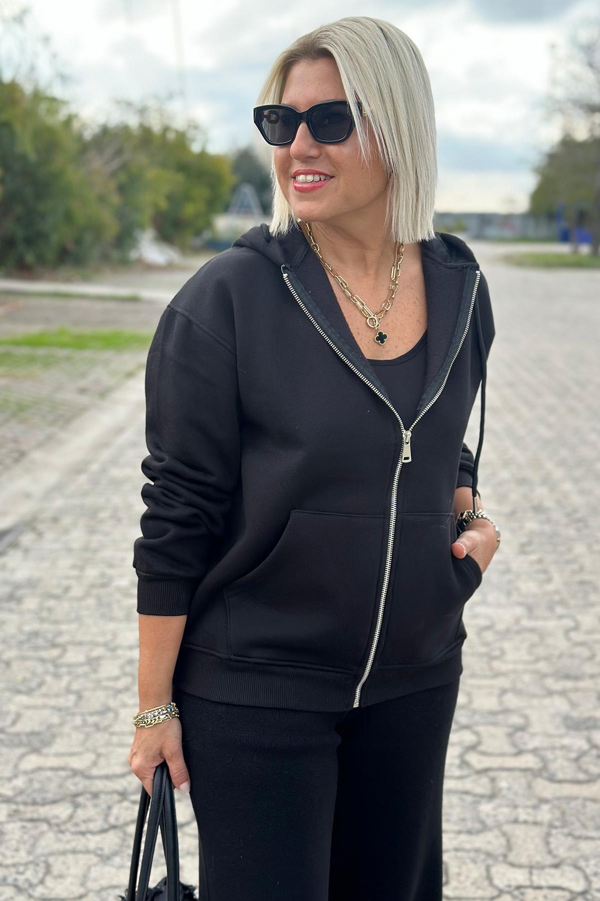 Siyah Kapşonlu Kanguru Cep Sweat HırkaUK2250146-SIYAH-S