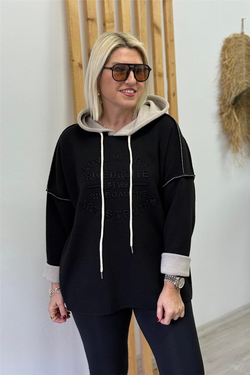 Siyah Kapüşonlu Kabartma Baskılı Örme Triko SweatUSW26001001-SIYAH-STD