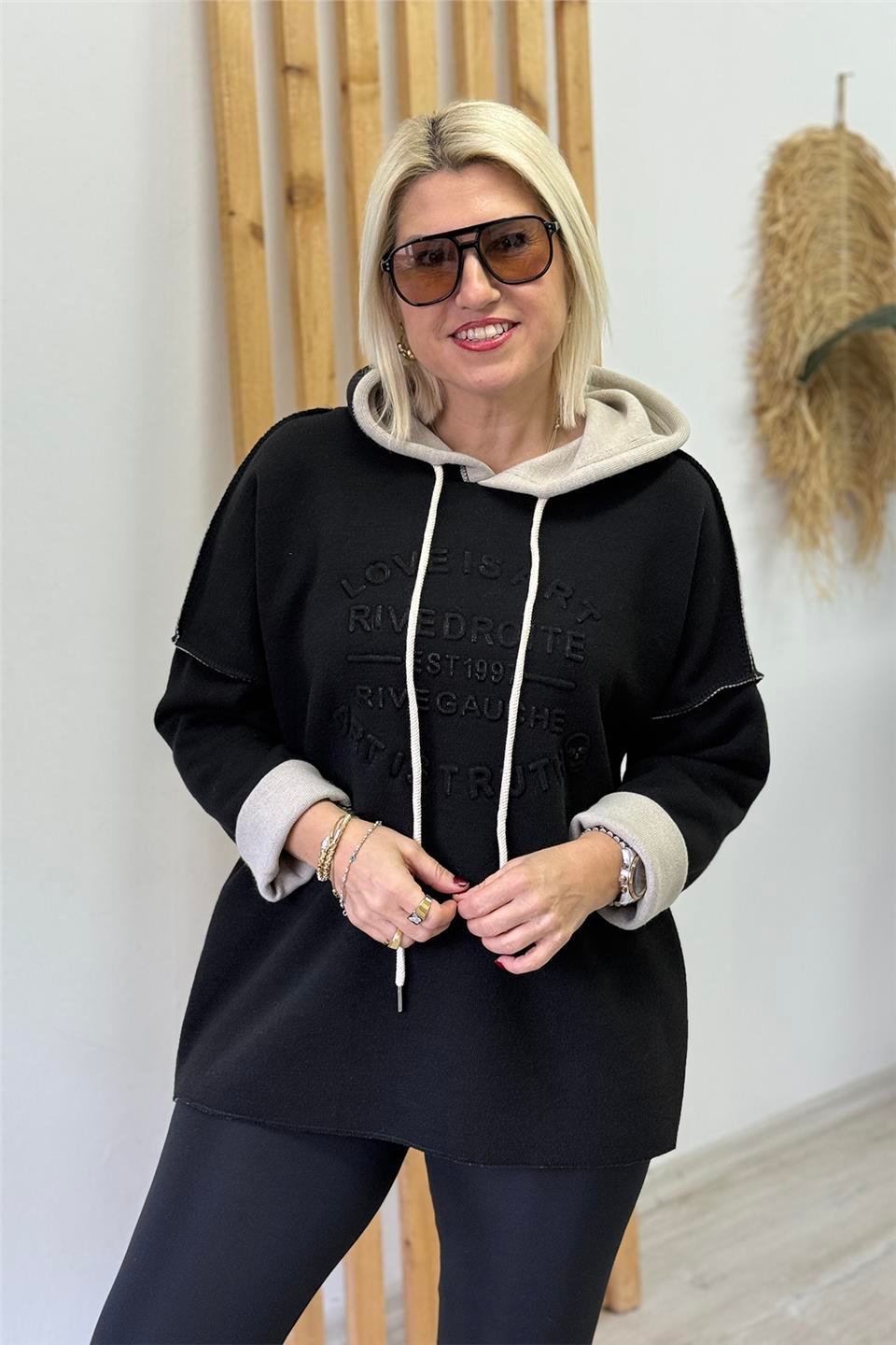 Siyah Kapüşonlu Kabartma Baskılı Örme Triko SweatUSW26001001-SIYAH-STD