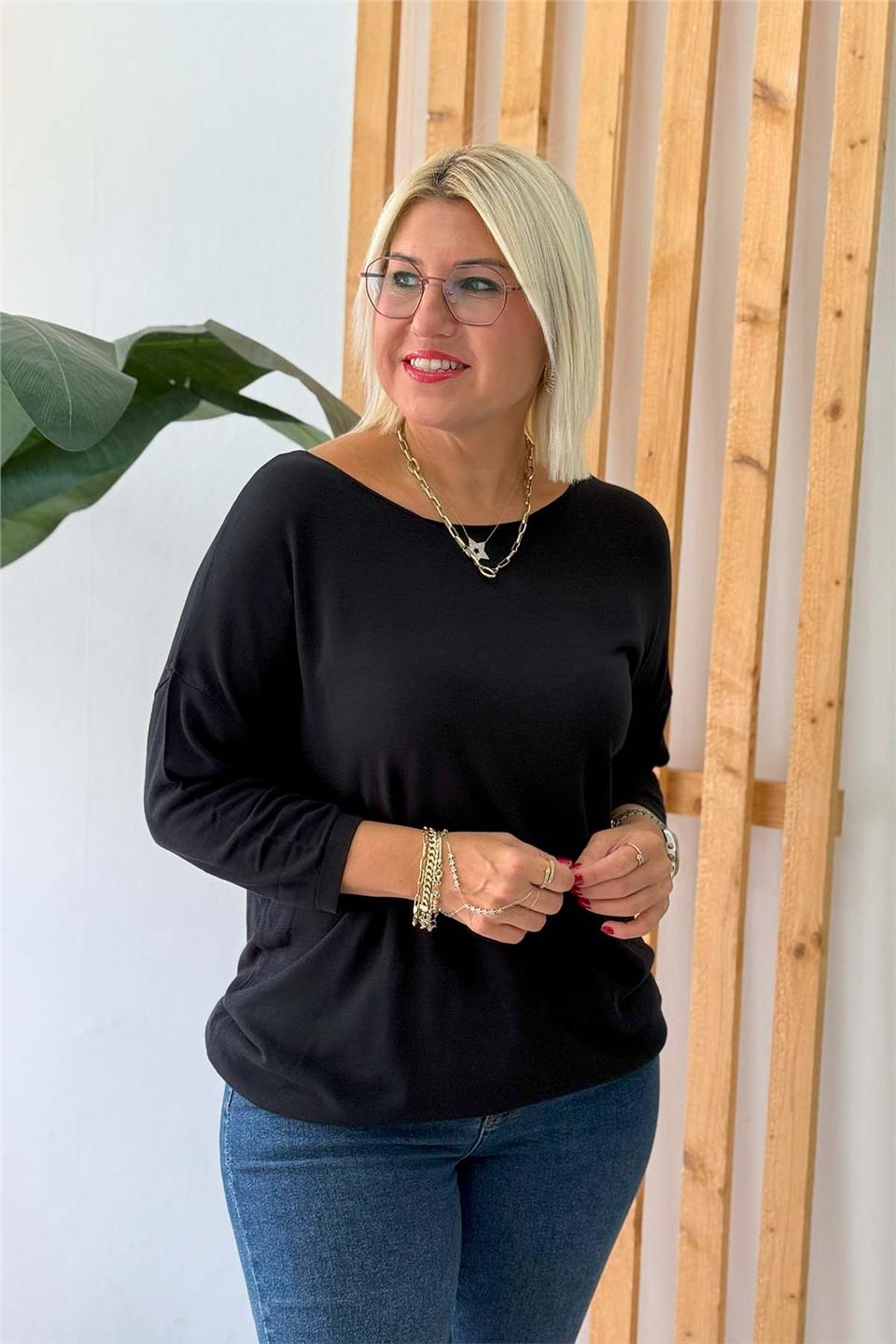 Siyah Kayık Yaka İnce Mevsimlik Basıc TrikoUT24110998-SIYAH-STD