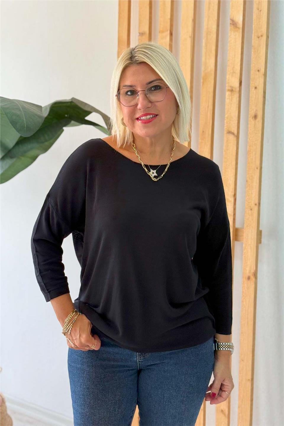 Siyah Kayık Yaka İnce Mevsimlik Basıc TrikoUT24110998-SIYAH-STD
