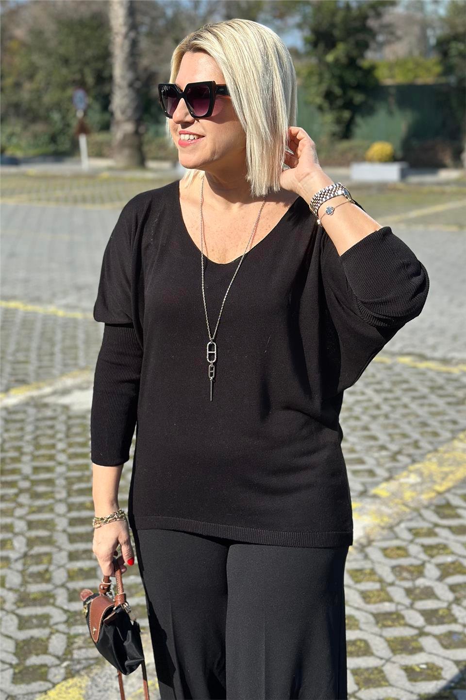 Siyah Kayık Yaka Yarasa Kol İnce TrikoUT24110975-SIYAH-STD