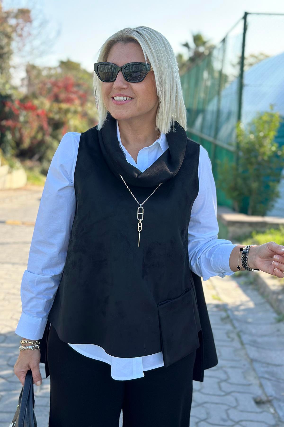 Siyah Kolsuz Cep Detay Süet Verev Kesim SüveterUSW0243022-SIYAH-STD