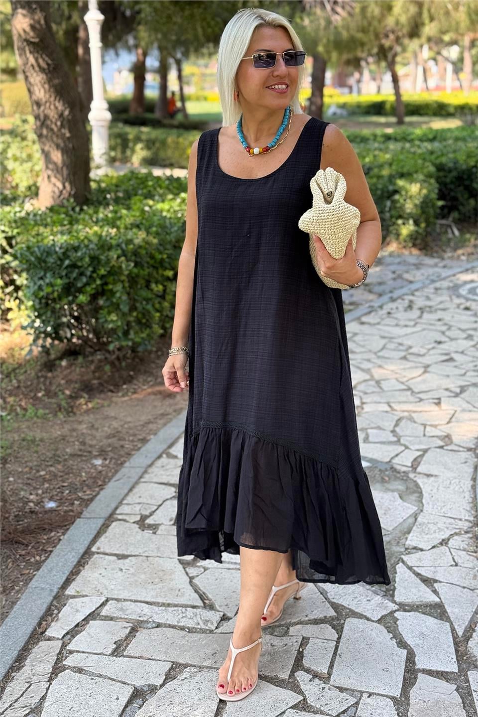 Siyah Kolsuz Eteği Fırfırlı Pamuk Keten ElbiseELB2401325-SIYAH-STD