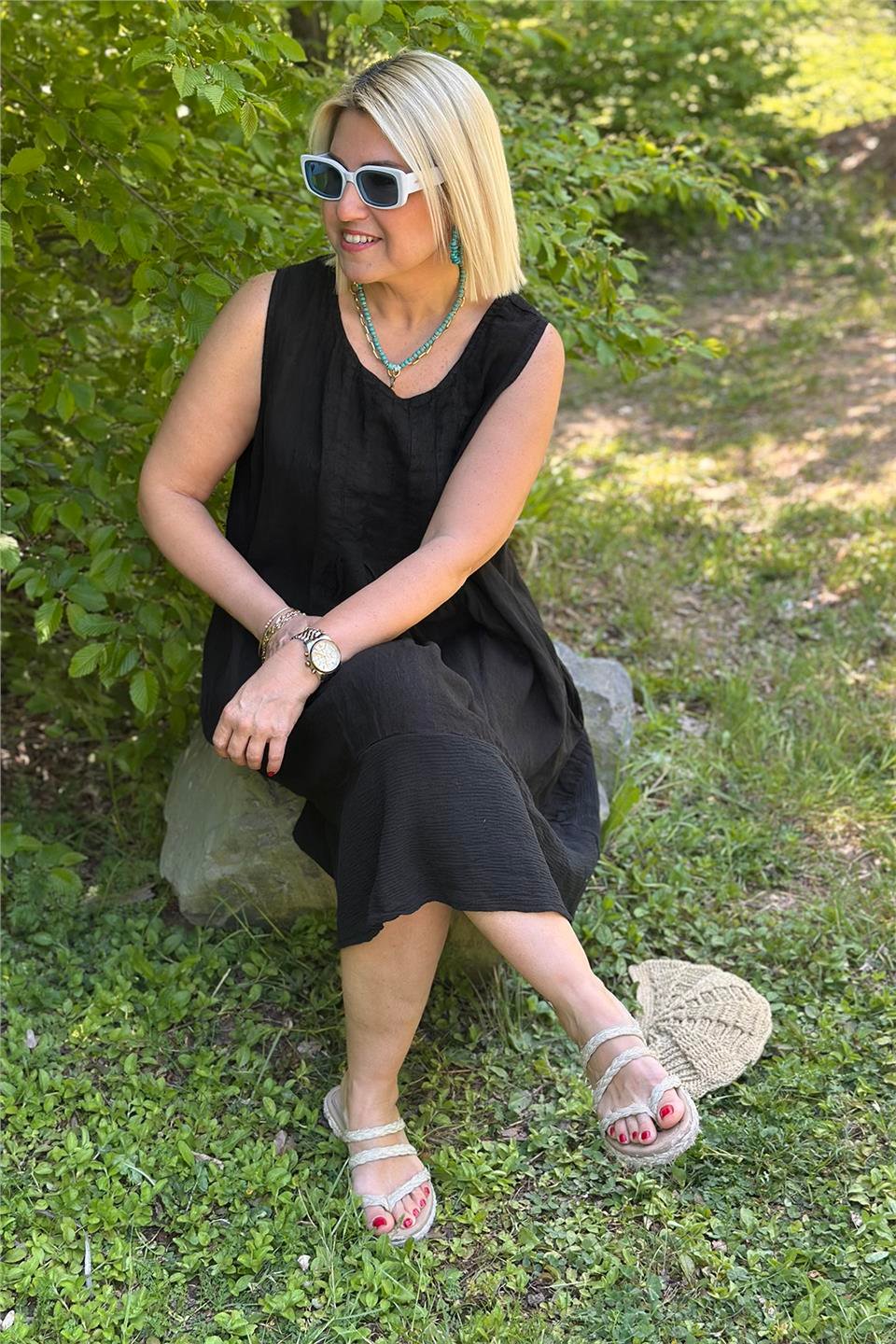 Siyah Kolsuz Garnili Pamuk Keten ElbiseELB2401245-SIYAH-STD