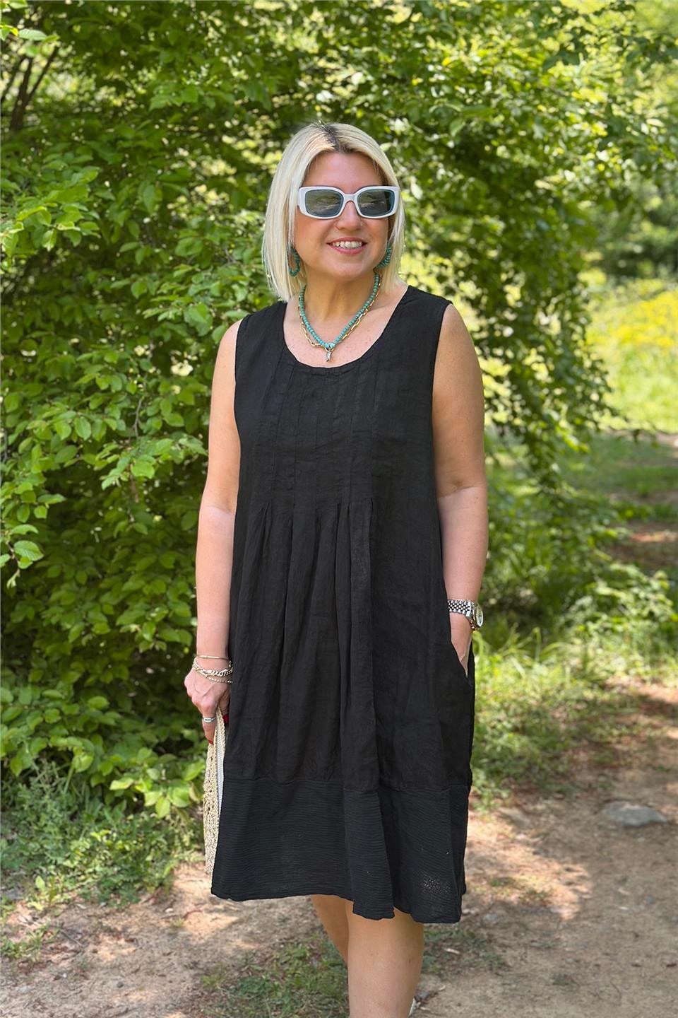 Siyah Kolsuz Garnili Pamuk Keten ElbiseELB2401245-SIYAH-STD