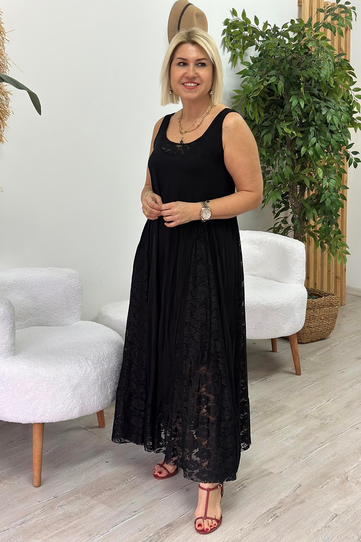 Siyah Kolsuz İçi Astarlı Dantelli Penye ElbiseELB2401235-SIYAH-STD