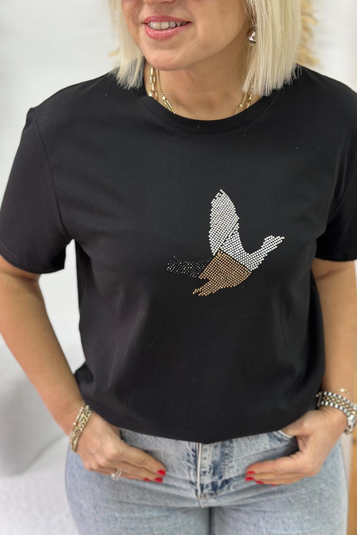 Siyah Kuş İşlemeli Çift Renk Baskı TshirtUTS25002054-SIYAH-S