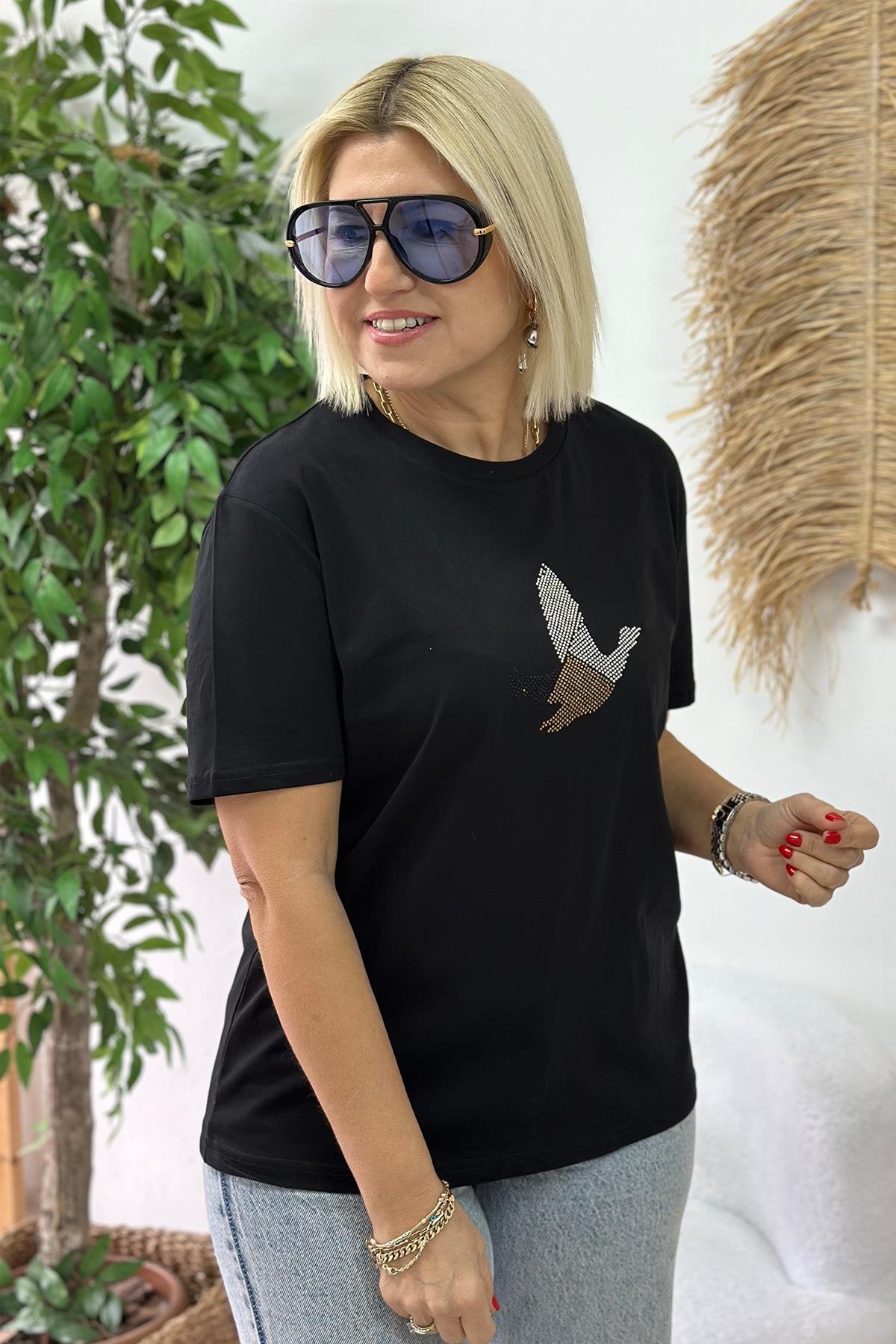Siyah Kuş İşlemeli Çift Renk Baskı TshirtUTS25002054-SIYAH-S