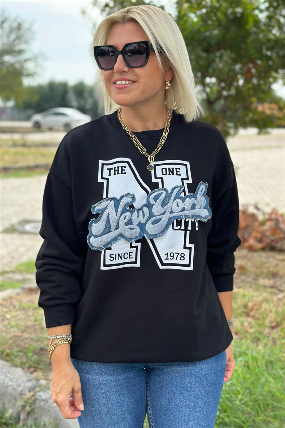 Siyah New York Baskılı Üç İplik SweatshirtUK2250134-SIYAH-S