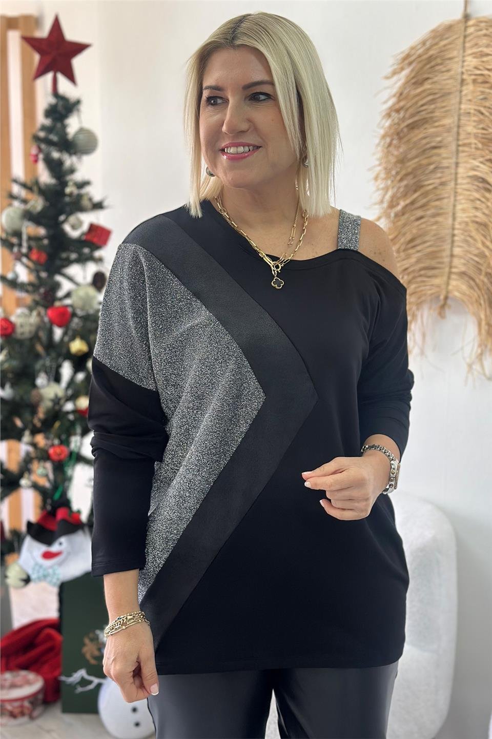 Siyah Omuz Detay Simli Penye BluzUBL2412221-SIYAH-S