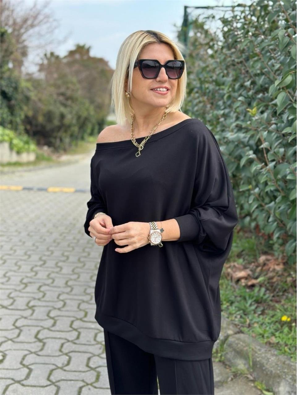Siyah Omuz Detay Taşlı Viskon Penye Takım UK2260354-Siyah