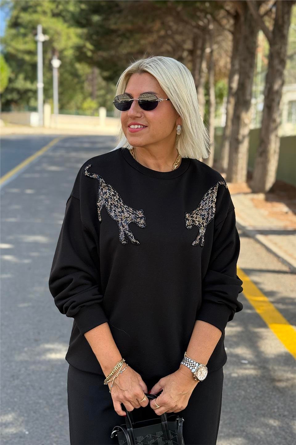 Siyah Omuzları Kaplan Nakışlı SweatUSW0243015-SIYAH-S